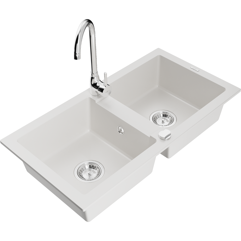 Mexen Mario granite sink 2-chamber with Telma kitchen tap, white - 6504-20-670200-00
