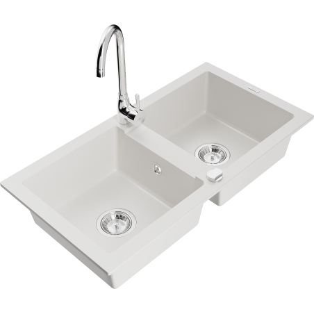 Mexen Mario 2-bowl granite sink with Telma kitchen faucet, white - 6504-20-670200-00