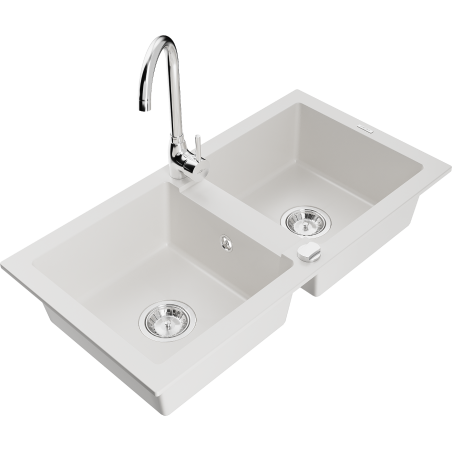 Mexen Mario granite sink 2-chamber with Telma kitchen tap, white - 6504-20-670200-00