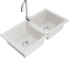 Mexen Mario 2-bowl granite sink with Telma kitchen faucet, white - 6504-20-670200-00