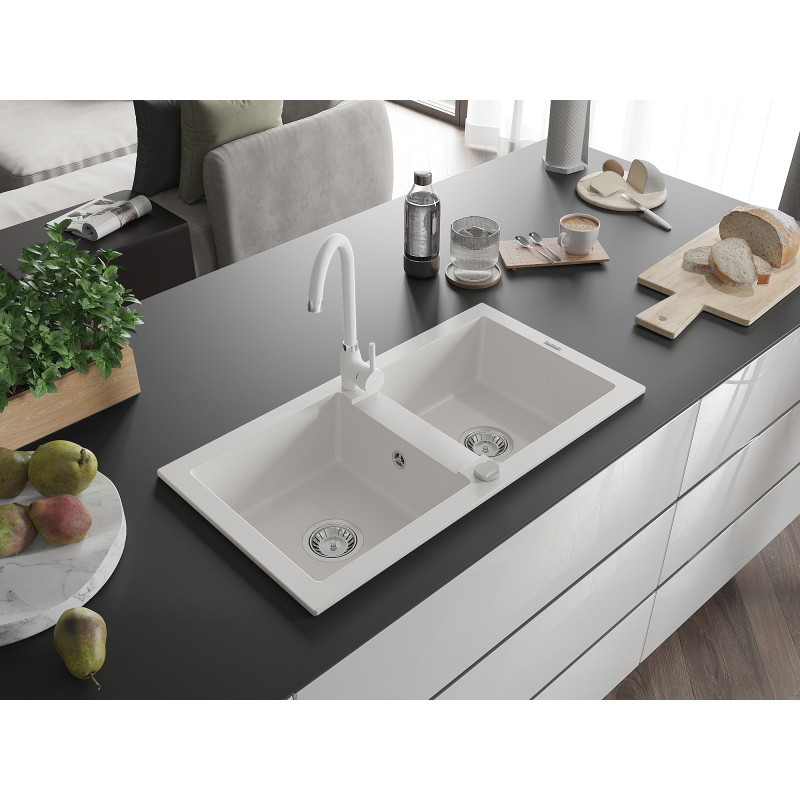 Mexen Mario 2-bowl granite sink with Telma kitchen faucet, white - 6504-20-670200-20