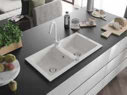 Mexen Mario 2-compartment granite sink with a kitchen mixer tap Telma, White - 6504-20-670200-20