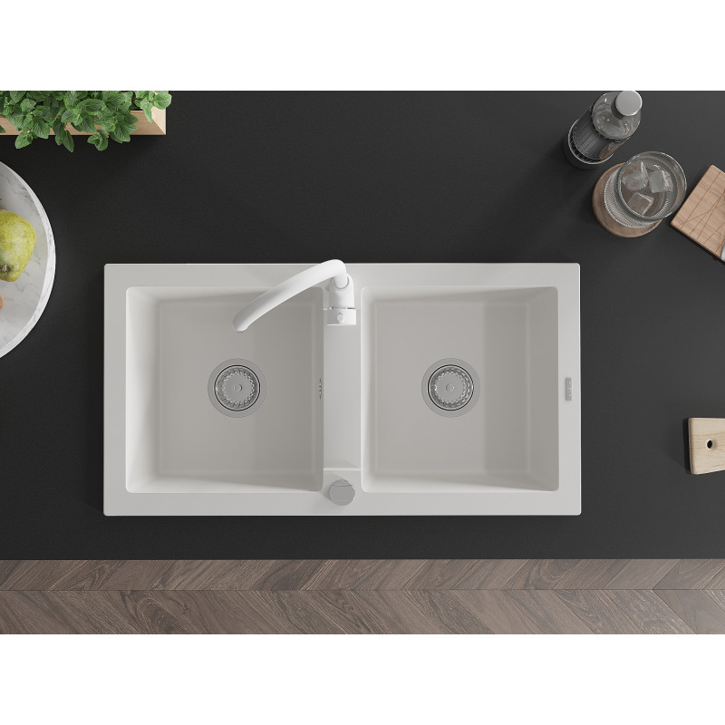 Mexen Mario 2-bowl granite sink with Telma kitchen faucet, white - 6504-20-670200-20