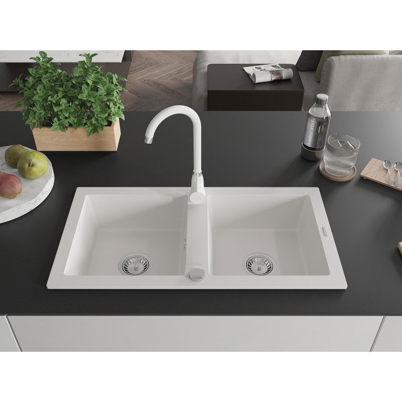 Mexen Mario granite sink 2-chamber with Telma kitchen tap, white - 6504-20-670200-20