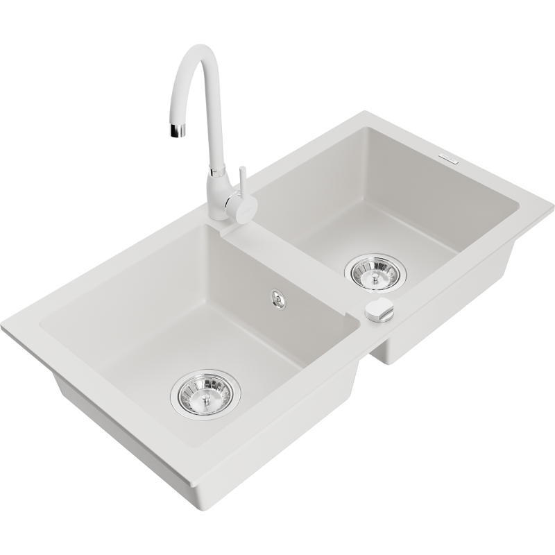 Mexen Mario 2-bowl granite sink with Telma kitchen faucet, white - 6504-20-670200-20