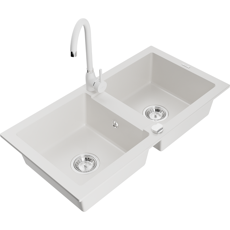 Mexen Mario granite sink 2-chamber with Telma kitchen tap, white - 6504-20-670200-20