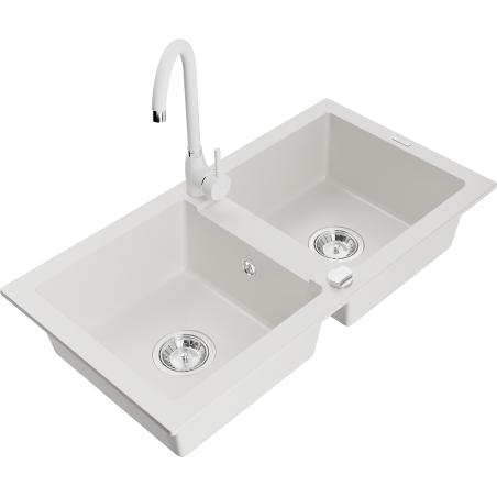 Mexen Mario 2-bowl granite sink with Telma kitchen faucet, white - 6504-20-670200-20