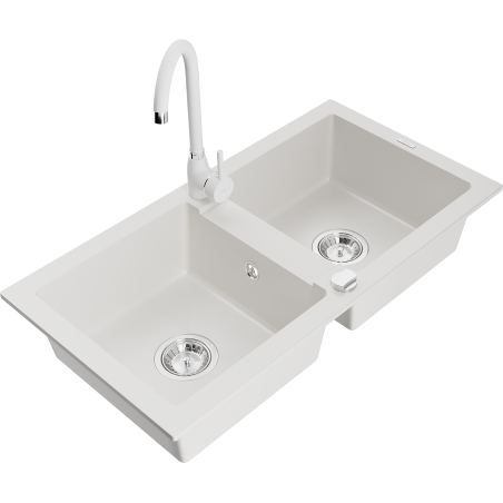 Mexen Mario granite sink 2-chamber with Telma kitchen tap, white - 6504-20-670200-20