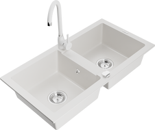 Mexen Mario 2-bowl granite sink with Telma kitchen faucet, white - 6504-20-670200-20