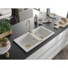 Mexen Mario 2-compartment granite sink with a kitchen mixer tap Telma, White - 6504-20-670200-50