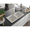 Mexen Mario granite double-bowl sink with Telma kitchen faucet, white - 6504-20-670200-50