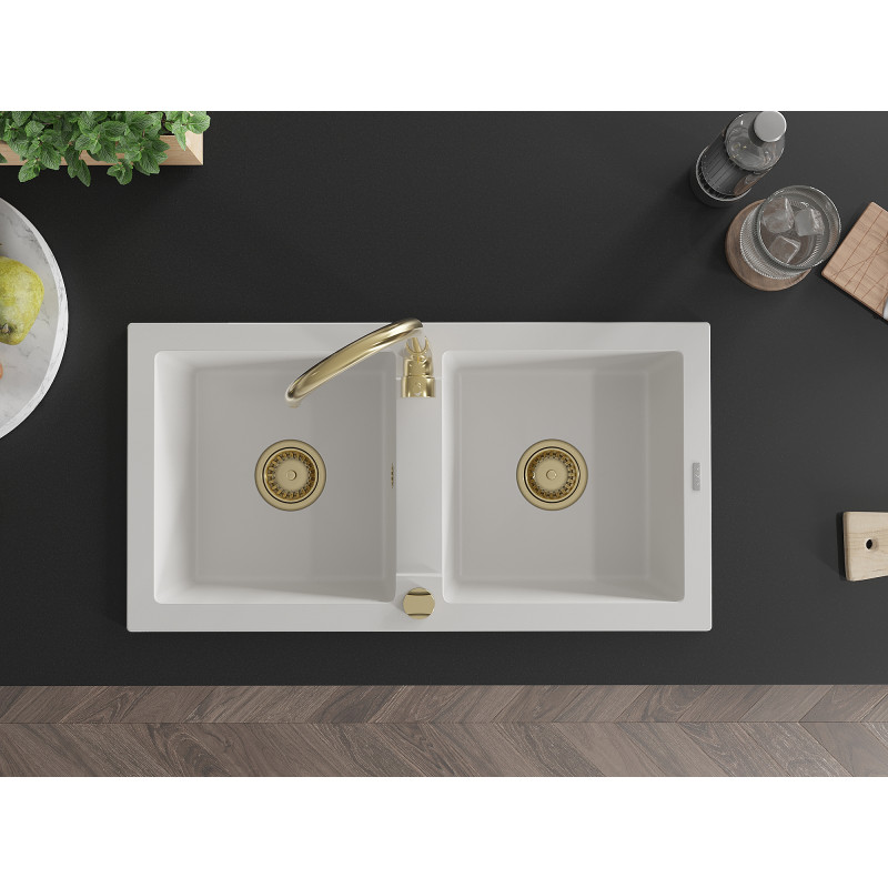 Mexen Mario granite double-bowl sink with Telma kitchen faucet, white - 6504-20-670200-50