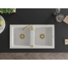 Mexen Mario granite double-bowl sink with Telma kitchen faucet, white - 6504-20-670200-50