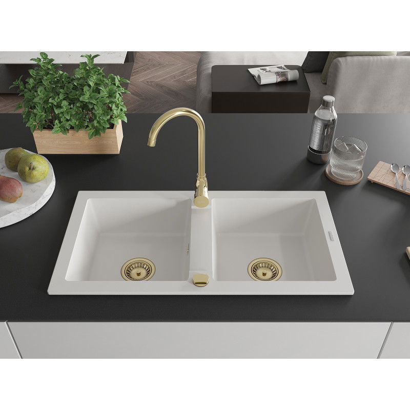 Mexen Mario granite sink 2-bowl with Telma kitchen tap, white - 6504-20-670200-50