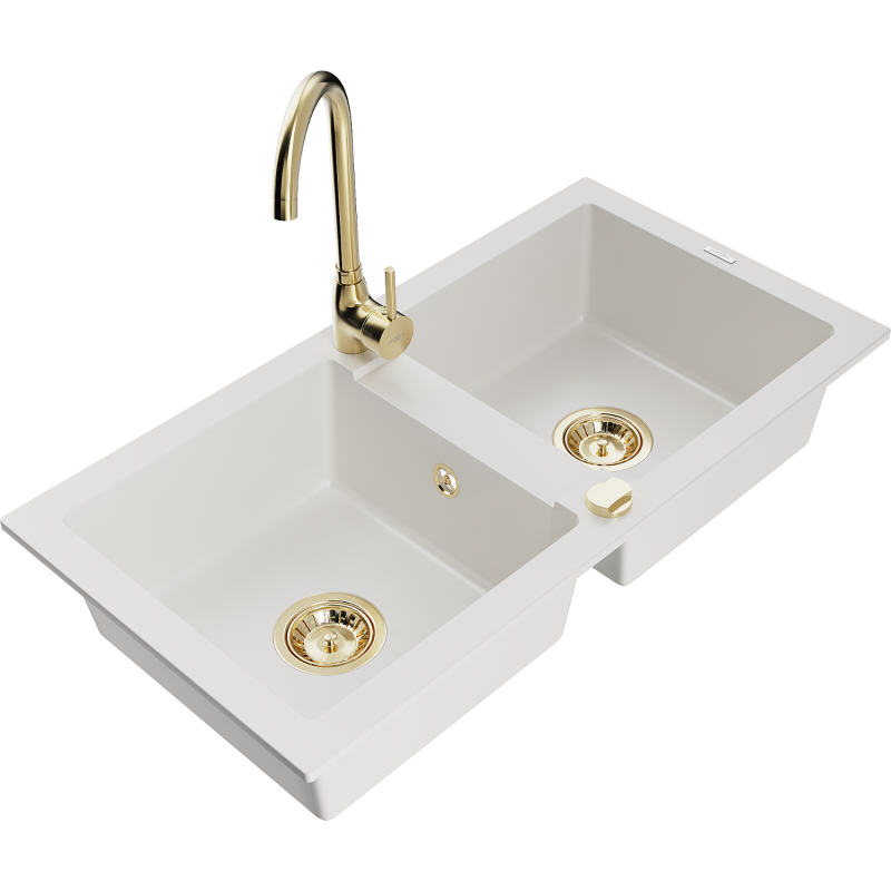 Mexen Mario granite double-bowl sink with Telma kitchen faucet, white - 6504-20-670200-50