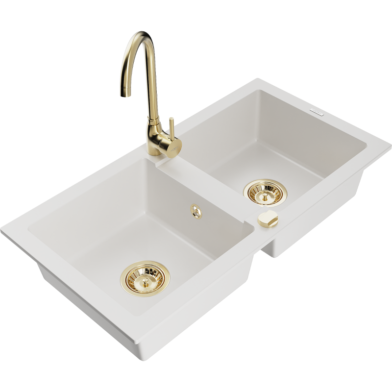 Mexen Mario granite sink 2-bowl with Telma kitchen tap, white - 6504-20-670200-50