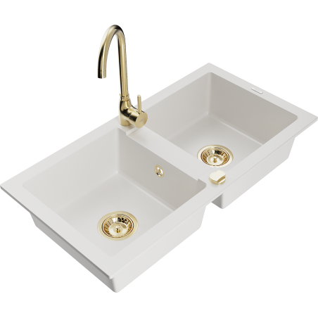Mexen Mario granite double-bowl sink with Telma kitchen faucet, white - 6504-20-670200-50