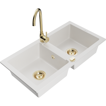 Mexen Mario granite sink 2-bowl with Telma kitchen tap, white - 6504-20-670200-50