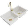 Mexen Mario granite sink 2-bowl with Telma kitchen tap, white - 6504-20-670200-50