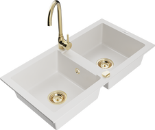 Mexen Mario 2-compartment granite sink with a kitchen mixer tap Telma, White - 6504-20-670200-50