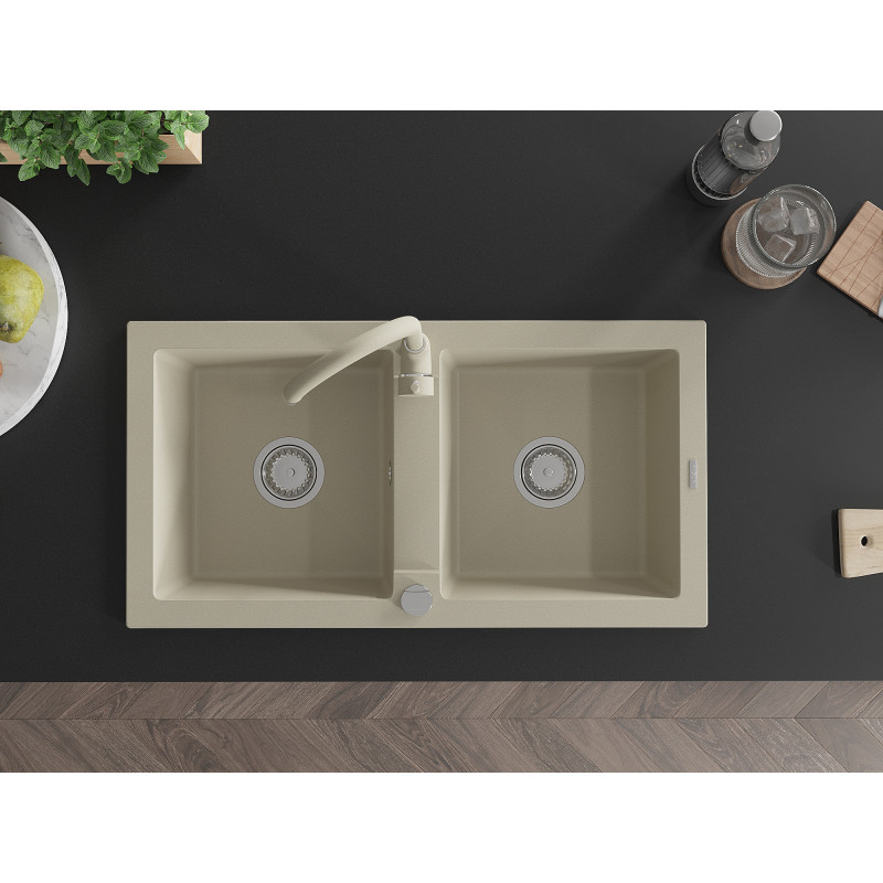Mexen Mario 2-bowl granite sink with Telma kitchen faucet, beige - 6504-69-670200-69