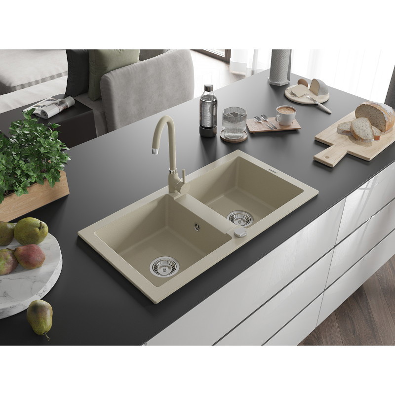 Mexen Mario 2-bowl granite sink with Telma kitchen faucet, beige - 6504-69-670200-69