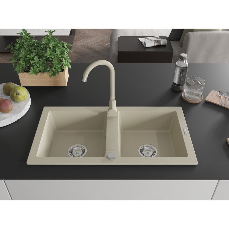 Mexen Mario 2-bowl granite sink with Telma kitchen faucet, beige - 6504-69-670200-69