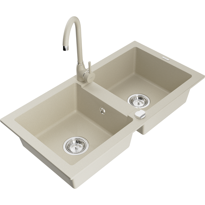 Mexen Mario 2-bowl granite sink with Telma kitchen faucet, beige - 6504-69-670200-69