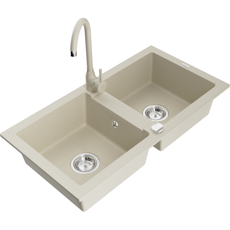 Mexen Mario 2-bowl granite sink with Telma kitchen faucet, beige - 6504-69-670200-69