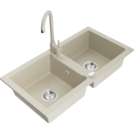 Mexen Mario granite kitchen sink, 2-basin with Telma kitchen tap, beige - 6504-69-670200-69
