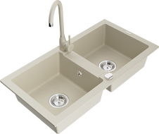 Mexen Mario 2-bowl granite sink with Telma kitchen faucet, beige - 6504-69-670200-69