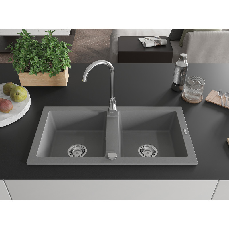 Mexen Mario Telma gray granite 2-bowl kitchen sink with faucet - 6504-71-670200-00