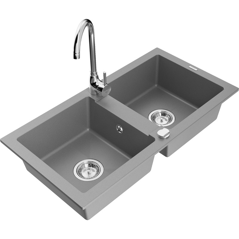 Mexen Mario 2-bowl granite sink with Telma kitchen tap, grey - 6504-71-670200-00
