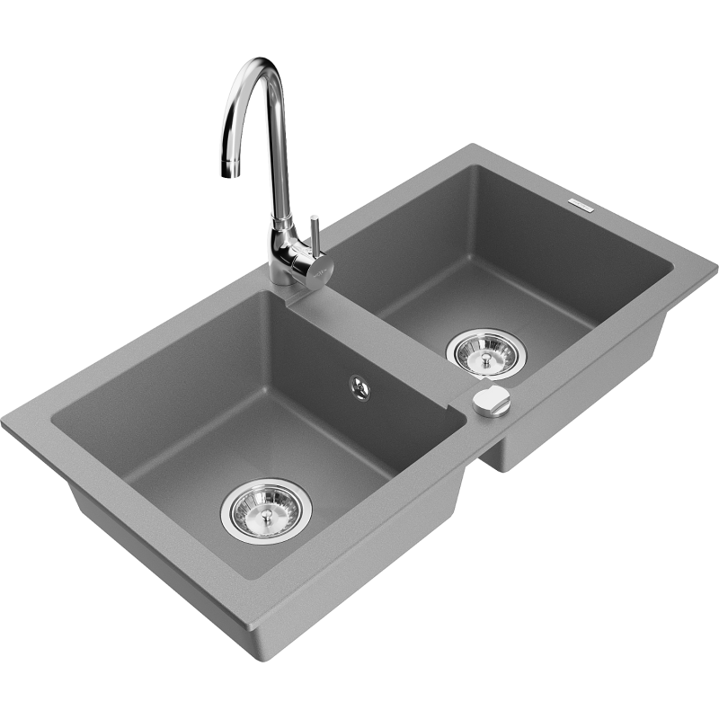 Mexen Mario 2-compartment granite sink with a kitchen mixer tap Telma, Grey - 6504-71-670200-00