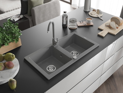 Mexen Mario 2-compartment granite sink with a kitchen mixer tap Telma, Grey - 6504-71-670200-71