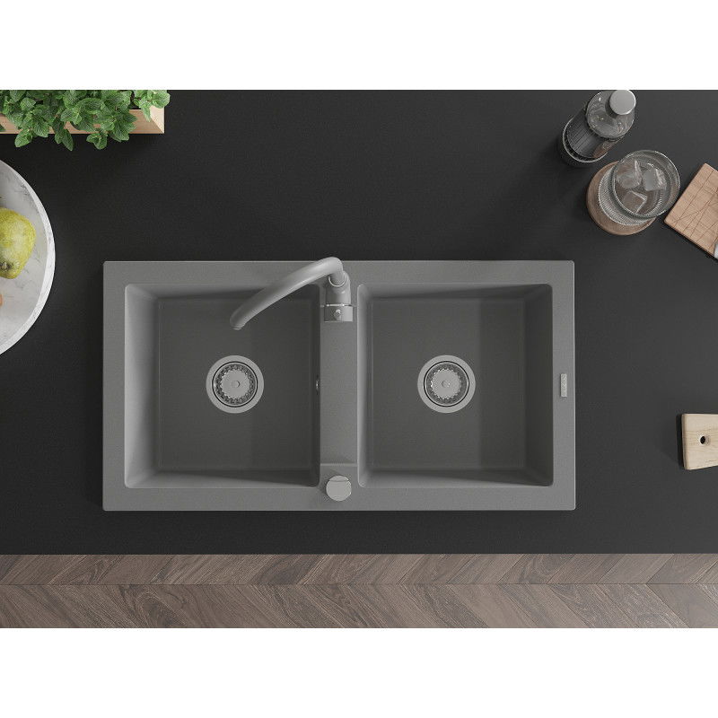 Mexen Mario granite 2-bowl sink with Telma kitchen tap, grey - 6504-71-670200-71