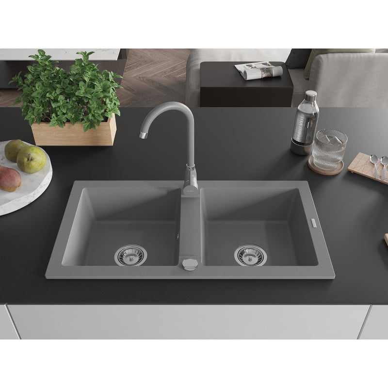 Mexen Mario granite kitchen sink 2-bowl with Telma kitchen faucet, gray - 6504-71-670200-71