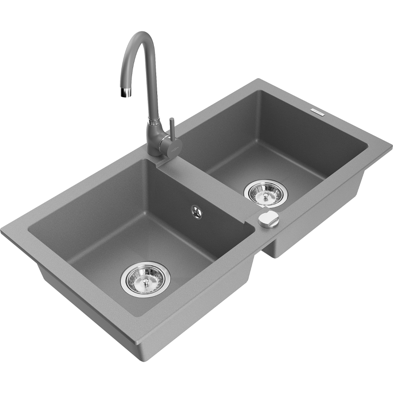 Mexen Mario granite 2-bowl sink with Telma kitchen tap, grey - 6504-71-670200-71
