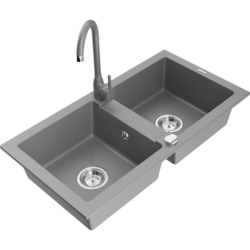 Mexen Mario granite kitchen sink 2-bowl with Telma kitchen faucet, gray - 6504-71-670200-71