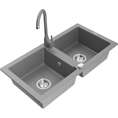 Mexen Mario granite 2-bowl sink with Telma kitchen tap, grey - 6504-71-670200-71