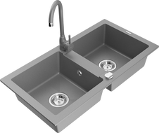 Mexen Mario granite kitchen sink 2-bowl with Telma kitchen faucet, gray - 6504-71-670200-71
