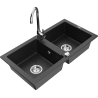 Mexen Mario granite double-bowl sink with Telma kitchen faucet, black/silver - 6504-73-670200-00