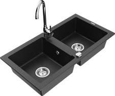 Mexen Mario 2-compartment granite sink with a kitchen mixer tap Telma, Black/Silver - 6504-73-670200-00