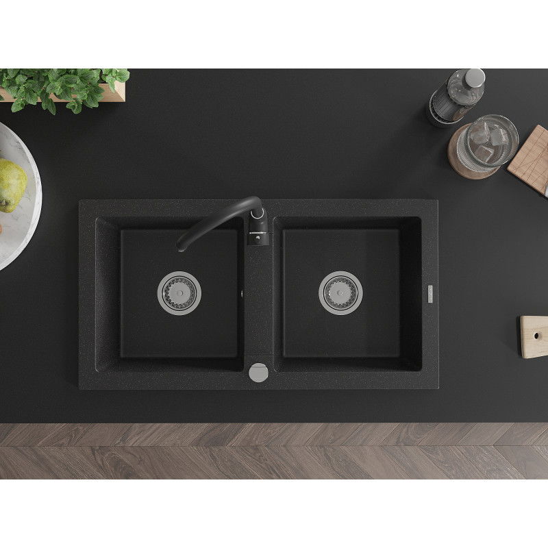 Mexen Mario Granite 2-Bowl Sink with Telma Kitchen Tap, Black/Silver - 6504-73-670200-70