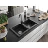Mexen Mario Granite 2-Bowl Sink with Telma Kitchen Tap, Black/Silver - 6504-73-670200-70