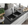 Mexen Mario granite double-bowl kitchen sink with Telma faucet, black/silver - 6504-73-670200-70
