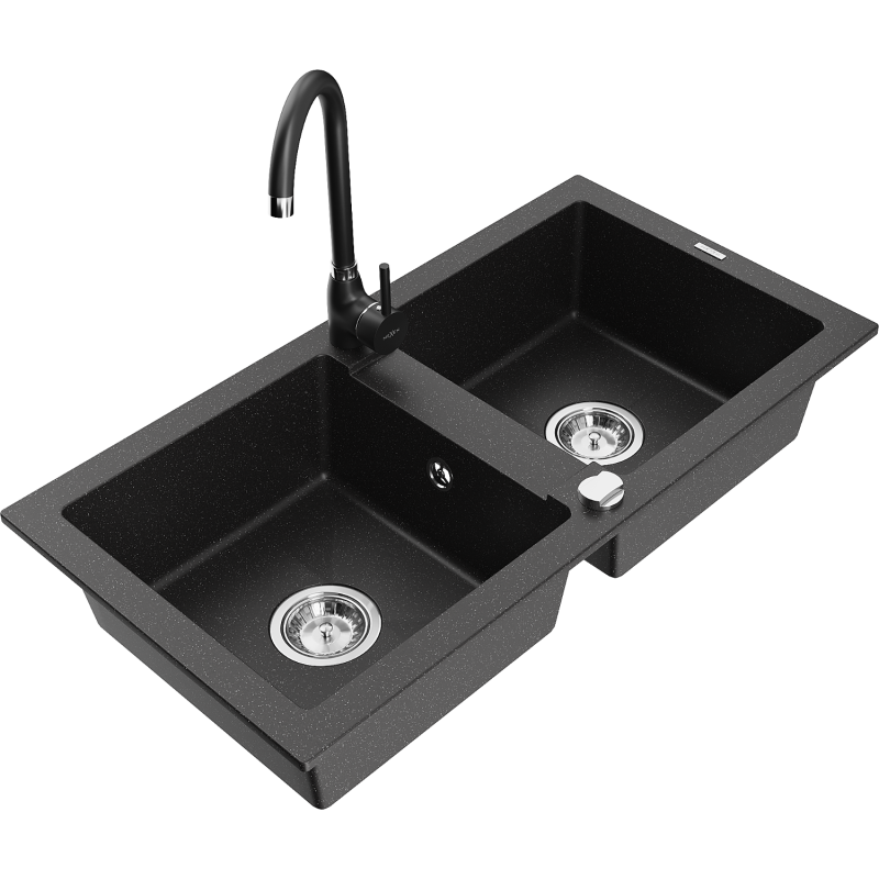 Mexen Mario Granite 2-Bowl Sink with Telma Kitchen Tap, Black/Silver - 6504-73-670200-70