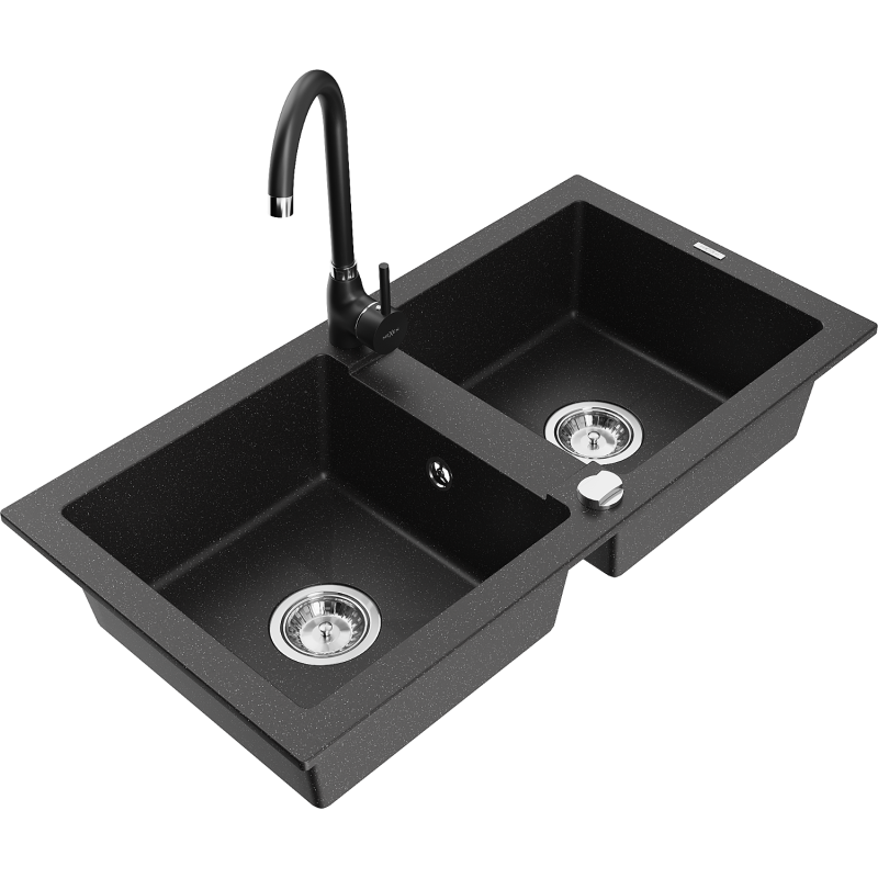Mexen Mario granite double-bowl kitchen sink with Telma faucet, black/silver - 6504-73-670200-70