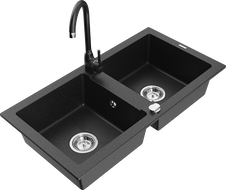 Mexen Mario 2-compartment granite sink with a kitchen mixer tap Telma, Black/Silver - 6504-73-670200-70