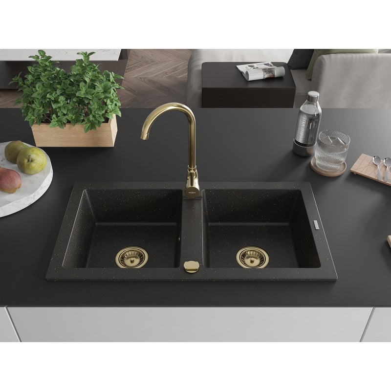 Mexen Mario granite double-bowl sink with Telma kitchen faucet, black/gold - 6504-75-670200-50